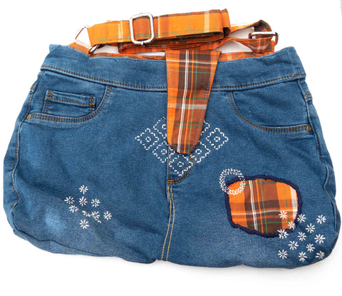 Orange Check Denim Recycled Slouch Bag