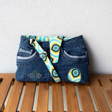 Aqua Green Groovy Denim Upcycled Sashiko Slouch Bag