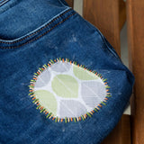 Green Grey Leaves Denim Upcycled Sashiko Slouch Bag