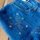 Green Grey Leaves Denim Upcycled Sashiko Slouch Bag