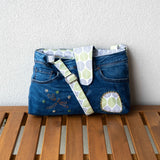 Green Grey Leaves Denim Upcycled Sashiko Slouch Bag
