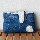 Green Grey Leaves Denim Upcycled Sashiko Slouch Bag