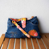 Orange Floral Denim Upcycled Sashiko Slouch Bag