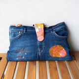 Orange Floral Denim Upcycled Sashiko Slouch Bag