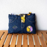 Purple Floral Denim Upcycled Sashiko Slouch Bag