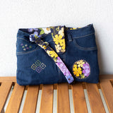 Purple Floral Denim Upcycled Sashiko Slouch Bag
