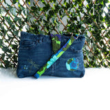 Blue Green Floral Denim Recycled Sashiko Slouch Bag