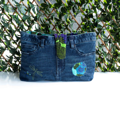 Blue Green Floral Denim Recycled Sashiko Slouch Bag