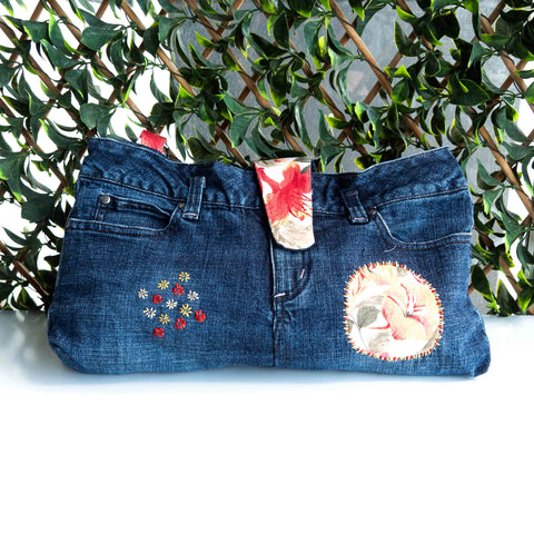 Red Floral Denim Recycled Sashiko Slouch Bag