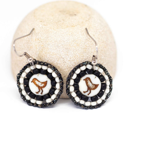 Black Cream Bead Stitched Round Birdie Earrings