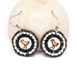 Black Cream Bead Stitched Round Birdie Earrings