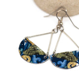 Blue Floral Recycled Metal Half Moon Dangle Earrings