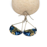 Blue Floral Recycled Metal Half Moon Dangle Earrings