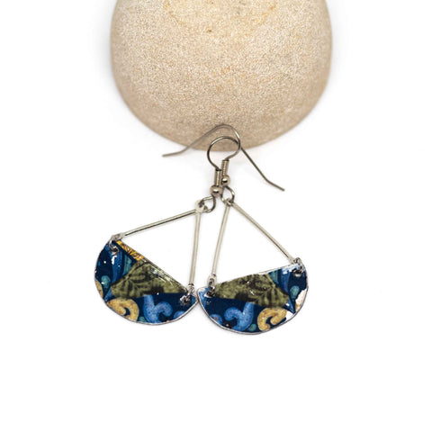 Blue Floral Recycled Metal Half Moon Dangle Earrings