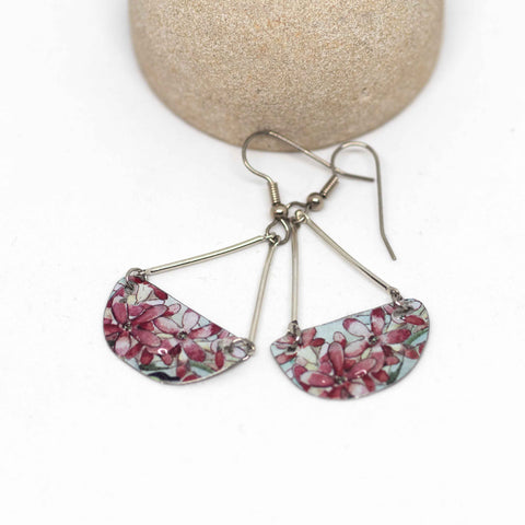 Pink Floral Recycled Metal Half Moon Dangle Earrings
