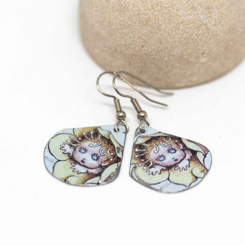 Gumnut Babies Yellow Flower Recycled Metal Abstract Dangle Earrings