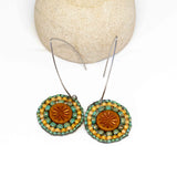 Orange Turquoise Bead Stitched Round Star Long Earrings