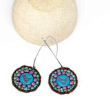 Blue Purple Turquoise Bead Stitched Round Birdie Long Earrings