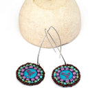 Blue Purple Turquoise Bead Stitched Round Birdie Long Earrings