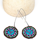 Blue Purple Turquoise Bead Stitched Round Birdie Long Earrings