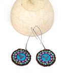 Blue Purple Turquoise Bead Stitched Round Birdie Long Earrings
