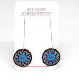 Blue Purple Turquoise Bead Stitched Round Birdie Long Earrings