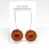 Orange Turquoise Bead Stitched Round Lotus Long Earrings