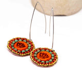 Orange Turquoise Bead Stitched Round Lotus Long Earrings
