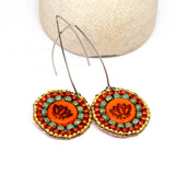 Orange Turquoise Bead Stitched Round Lotus Long Earrings