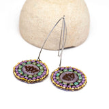 Purple Turquoise Bead Stitched Round Lotus Long Earrings