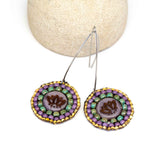Purple Turquoise Bead Stitched Round Lotus Long Earrings