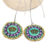 Turquoise Purple Bead Stitched Round Lotus Long Earrings