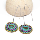 Turquoise Purple Bead Stitched Round Lotus Long Earrings