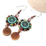Wire Wrapped Blue Turquoise Picasso Copper Lotus Medium Earrings