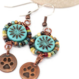 Wire Wrapped Blue Turquoise Picasso Copper Puppy Paws Medium Earrings