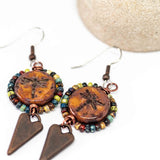 Wire Wrapped Rustic Brown Dragonfly Picasso Copper Heart Large Earrings