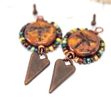 Wire Wrapped Rustic Brown Dragonfly Picasso Copper Heart Large Earrings