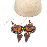 Wire Wrapped Rustic Brown Dragonfly Picasso Copper Heart Large Earrings