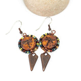 Wire Wrapped Rustic Brown Dragonfly Picasso Copper Heart Large Earrings