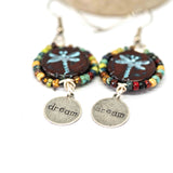 Wire Wrapped Rustic Red Blue Dragonfly Picasso Silver Dream Large Earrings