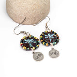 Wire Wrapped Rustic Red Blue Dragonfly Picasso Silver Wish Large Earrings