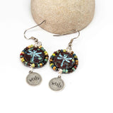 Wire Wrapped Rustic Red Blue Dragonfly Picasso Silver Wish Large Earrings