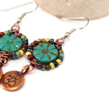 Wire Wrapped Green Floral Picasso Copper Om Medium Earrings