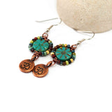 Wire Wrapped Green Floral Picasso Copper Om Medium Earrings