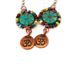 Wire Wrapped Green Floral Picasso Copper Om Medium Earrings