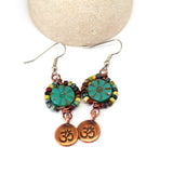 Wire Wrapped Green Floral Picasso Copper Om Medium Earrings