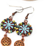 Wire Wrapped Red Blue Floral Picasso Copper Celtic Knot Medium Earrings