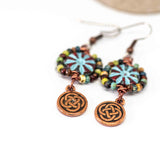Wire Wrapped Red Blue Floral Picasso Copper Celtic Knot Medium Earrings