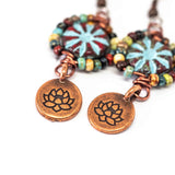 Wire Wrapped Red Blue Floral Picasso Copper Lotus Medium Earrings