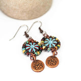 Wire Wrapped Red Blue Floral Picasso Copper Lotus Medium Earrings
